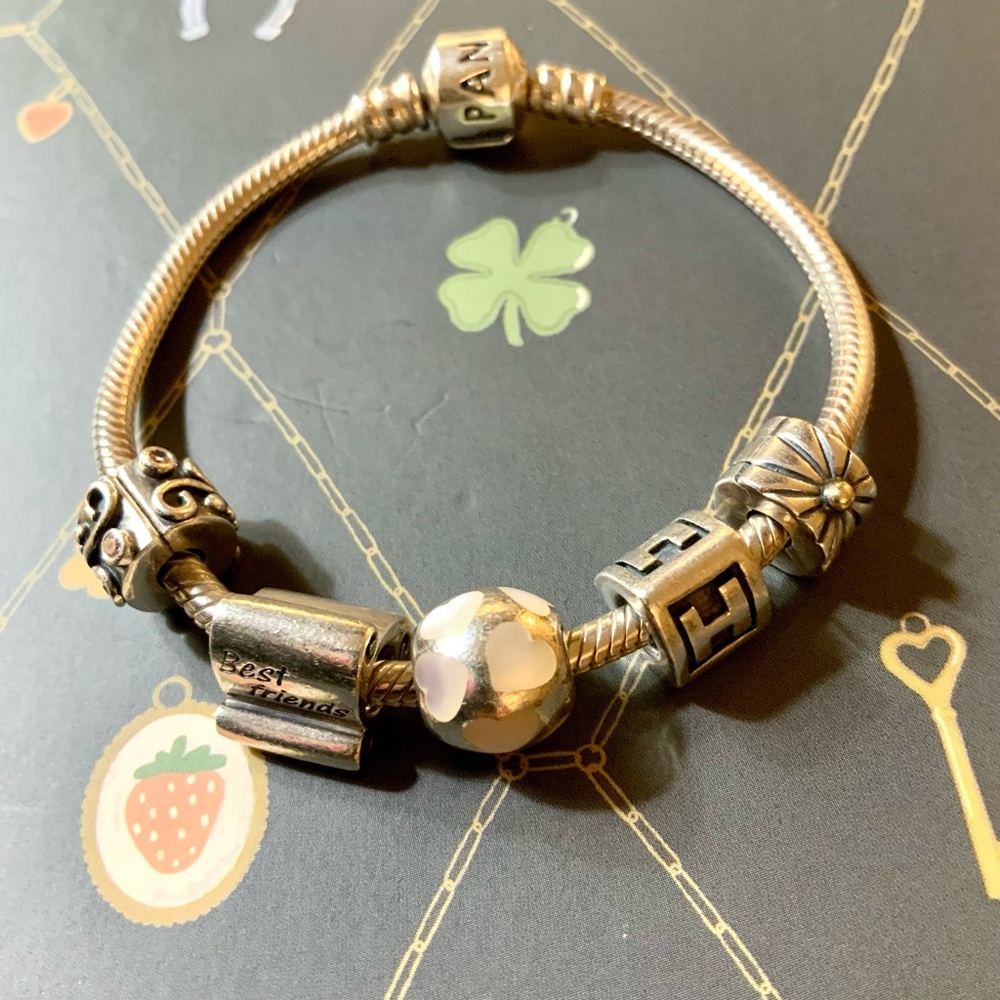Pandora Silver Charm Bracelet with Unique Beads 17cm
